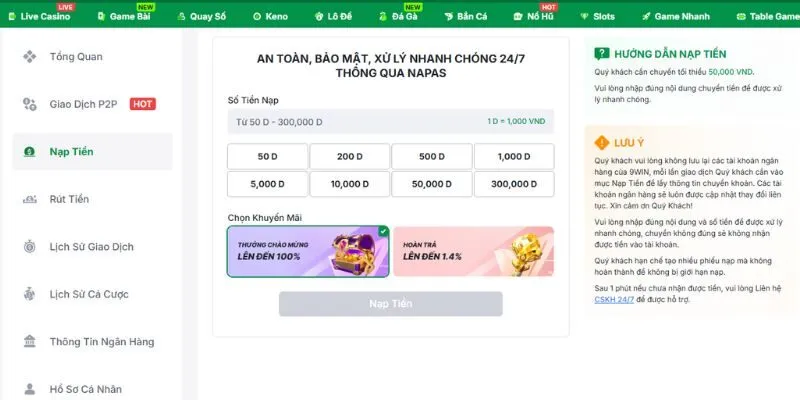 Tốc độ nạp rút thưởng tại nhà cái siêu nhanh